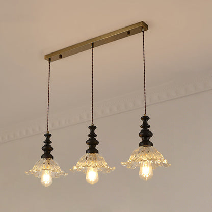 Traditional French Flower Shape Glass Lampshade Iron Solid Wood 1/3 - Light Chandelier For Dining Room