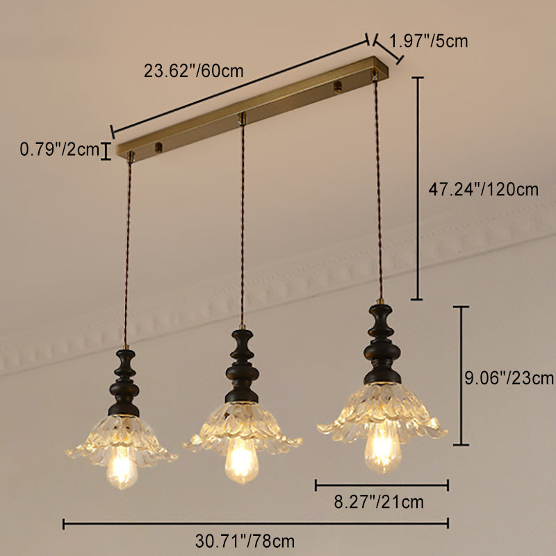 Traditional French Flower Shape Glass Lampshade Iron Solid Wood 1/3 - Light Chandelier For Dining Room