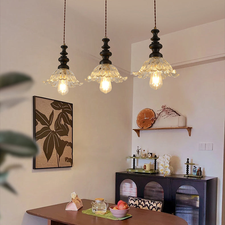 Traditional French Flower Shape Glass Lampshade Iron Solid Wood 1/3 - Light Chandelier For Dining Room