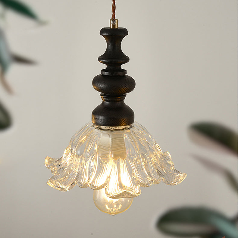 Traditional French Flower Shape Glass Lampshade Iron Solid Wood 1/3 - Light Chandelier For Dining Room