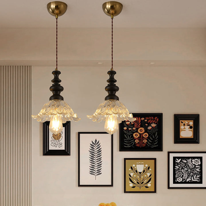 Traditional French Flower Shape Glass Lampshade Iron Solid Wood 1/3 - Light Chandelier For Dining Room