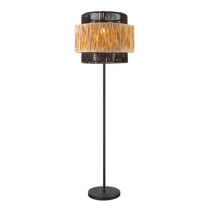 Contemporary Boho Cylinder Raffia Paper Lampshade Iron 1 - Light Standing Floor Lamp For Living Room