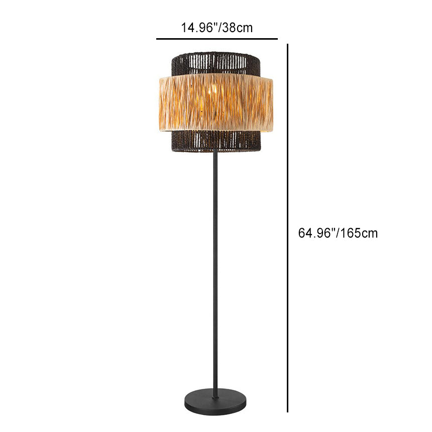 Contemporary Boho Cylinder Raffia Paper Lampshade Iron 1 - Light Standing Floor Lamp For Living Room