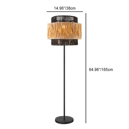 Contemporary Boho Cylinder Raffia Paper Lampshade Iron 1 - Light Standing Floor Lamp For Living Room