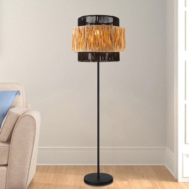Contemporary Boho Cylinder Raffia Paper Lampshade Iron 1 - Light Standing Floor Lamp For Living Room