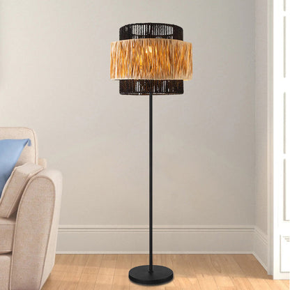 Contemporary Boho Cylinder Raffia Paper Lampshade Iron 1 - Light Standing Floor Lamp For Living Room