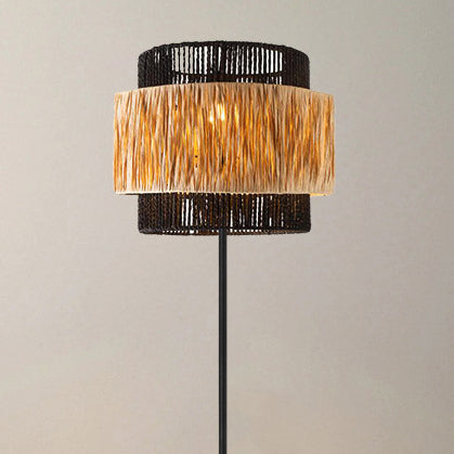 Contemporary Boho Cylinder Raffia Paper Lampshade Iron 1 - Light Standing Floor Lamp For Living Room
