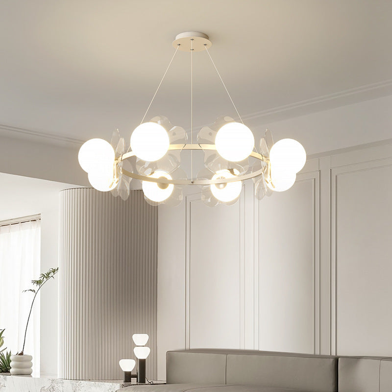 Contemporary Scandinavian Orbs Stitching Transparent Flowers Aluminum Iron Acrylic Lampshade LED Chandelier For Living Room