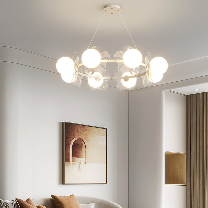 Contemporary Scandinavian Orbs Stitching Transparent Flowers Aluminum Iron Acrylic Lampshade LED Chandelier For Living Room
