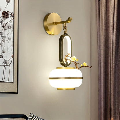 Traditional Chinese Oval Branch Flowers Copper Glass LED Wall Sconce Lamp For Living Room