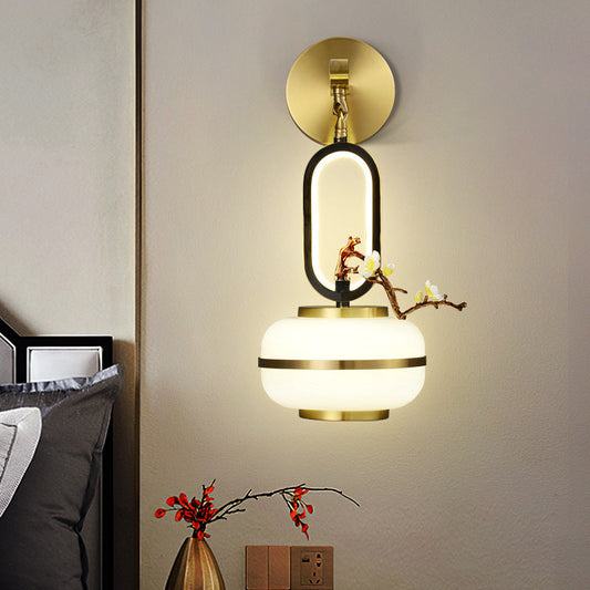 Traditional Chinese Oval Branch Flowers Copper Glass LED Wall Sconce Lamp For Living Room