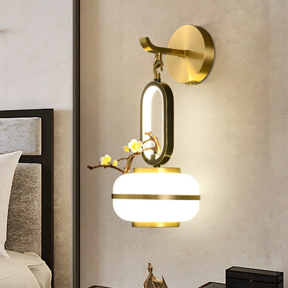 Traditional Chinese Oval Branch Flowers Copper Glass LED Wall Sconce Lamp For Living Room