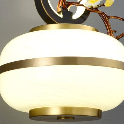 Traditional Chinese Oval Branch Flowers Copper Glass LED Wall Sconce Lamp For Living Room