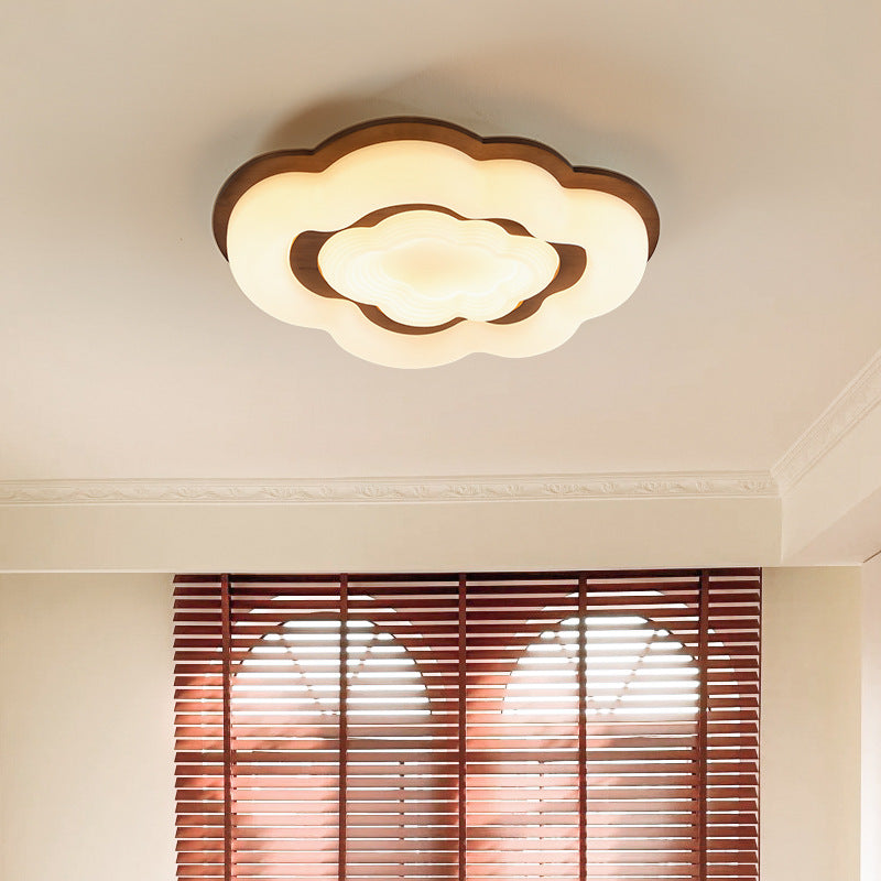 Contemporary Retro Cloud Shape Rubber Wood PE Lampshade LED Flush Mount Ceiling Light For Bedroom