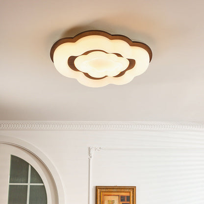 Contemporary Retro Cloud Shape Rubber Wood PE Lampshade LED Flush Mount Ceiling Light For Bedroom