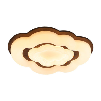 Contemporary Retro Cloud Shape Rubber Wood PE Lampshade LED Flush Mount Ceiling Light For Bedroom