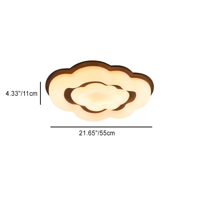 Contemporary Retro Cloud Shape Rubber Wood PE Lampshade LED Flush Mount Ceiling Light For Bedroom