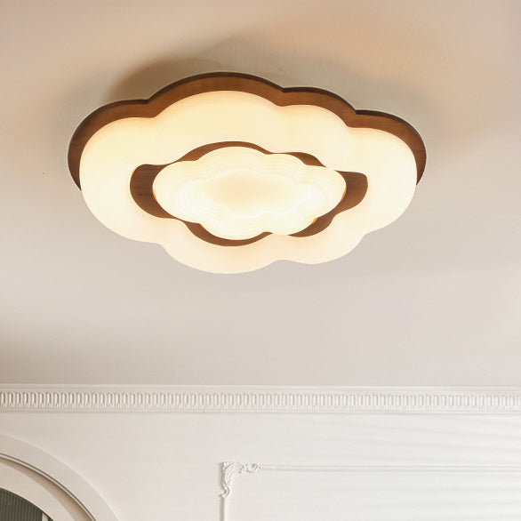 Contemporary Retro Cloud Shape Rubber Wood PE Lampshade LED Flush Mount Ceiling Light For Bedroom