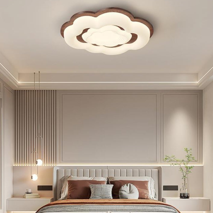 Contemporary Retro Cloud Shape Rubber Wood PE Lampshade LED Flush Mount Ceiling Light For Bedroom