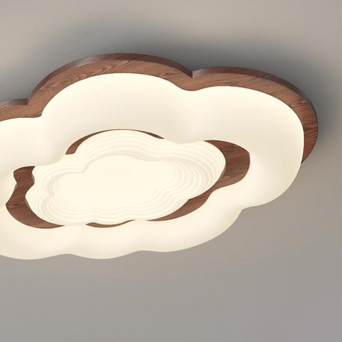 Contemporary Retro Cloud Shape Rubber Wood PE Lampshade LED Flush Mount Ceiling Light For Bedroom