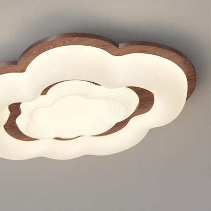 Contemporary Retro Cloud Shape Rubber Wood PE Lampshade LED Flush Mount Ceiling Light For Bedroom