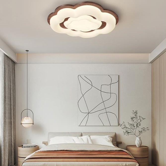 Contemporary Retro Cloud Shape Rubber Wood PE Lampshade LED Flush Mount Ceiling Light For Bedroom
