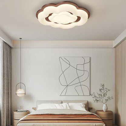 Contemporary Retro Cloud Shape Rubber Wood PE Lampshade LED Flush Mount Ceiling Light For Bedroom