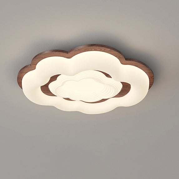 Contemporary Retro Cloud Shape Rubber Wood PE Lampshade LED Flush Mount Ceiling Light For Bedroom