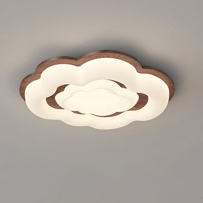Contemporary Retro Cloud Shape Rubber Wood PE Lampshade LED Flush Mount Ceiling Light For Bedroom