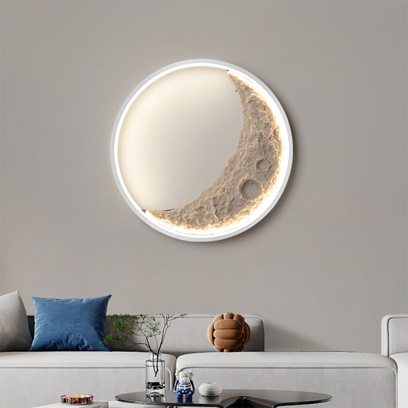 Contemporary Creative Round Moon Resin Iron Lampshade LED Wall Sconce Lamp For Living Room