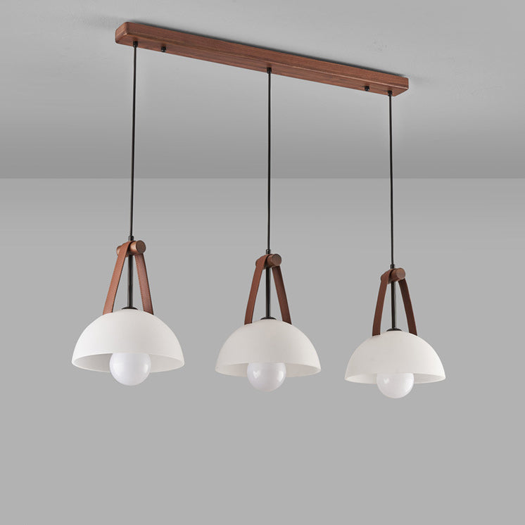 Contemporary Nordic Dome Semicircle Glass Lampshade Walnut Copper Leather 1/2/3 - Light Chandelier For Dining Room