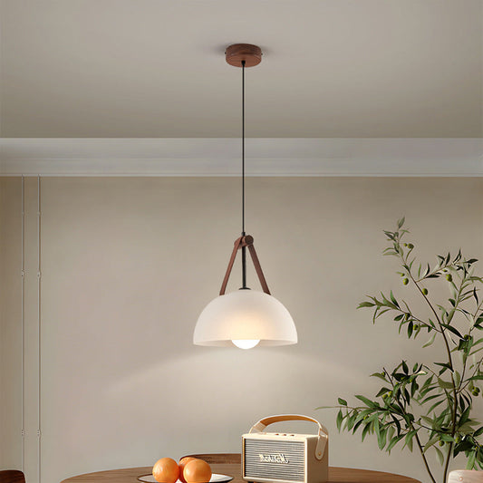 Contemporary Nordic Dome Semicircle Glass Lampshade Walnut Copper Leather 1/2/3 - Light Chandelier For Dining Room
