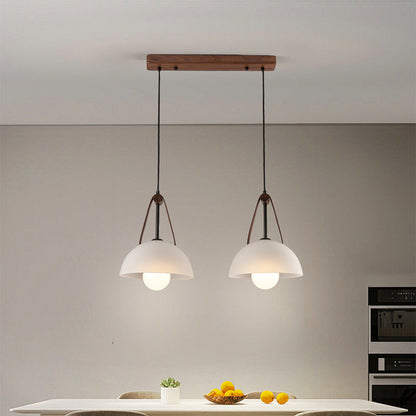 Contemporary Nordic Dome Semicircle Glass Lampshade Walnut Copper Leather 1/2/3 - Light Chandelier For Dining Room