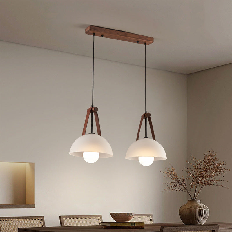 Contemporary Nordic Dome Semicircle Glass Lampshade Walnut Copper Leather 1/2/3 - Light Chandelier For Dining Room