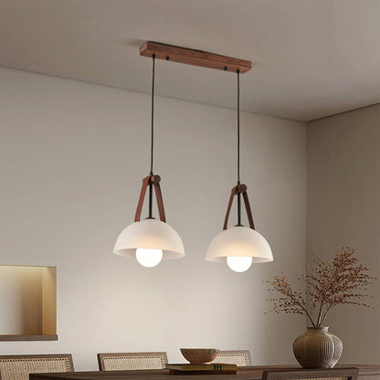Contemporary Nordic Dome Semicircle Glass Lampshade Walnut Copper Leather 1/2/3 - Light Chandelier For Dining Room