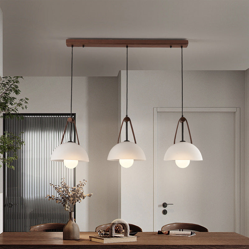 Contemporary Nordic Dome Semicircle Glass Lampshade Walnut Copper Leather 1/2/3 - Light Chandelier For Dining Room