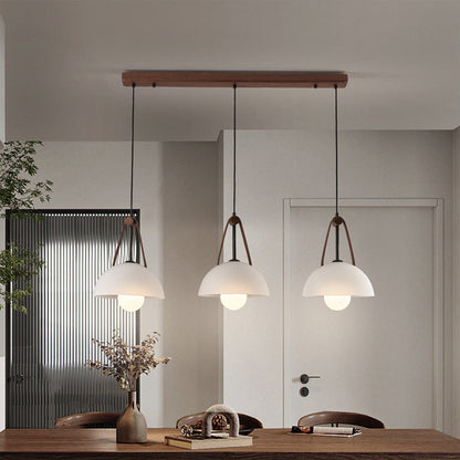 Contemporary Nordic Dome Semicircle Glass Lampshade Walnut Copper Leather 1/2/3 - Light Chandelier For Dining Room
