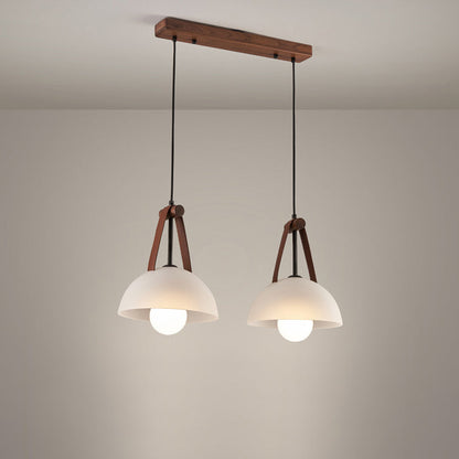 Contemporary Nordic Dome Semicircle Glass Lampshade Walnut Copper Leather 1/2/3 - Light Chandelier For Dining Room