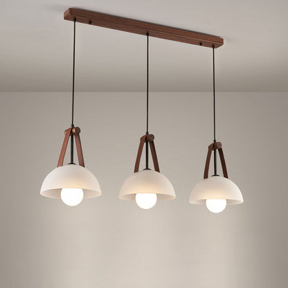 Contemporary Nordic Dome Semicircle Glass Lampshade Walnut Copper Leather 1/2/3 - Light Chandelier For Dining Room