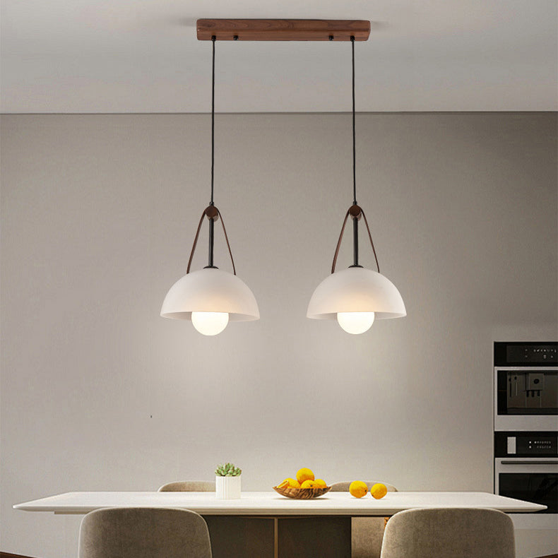 Contemporary Nordic Dome Semicircle Glass Lampshade Walnut Copper Leather 1/2/3 - Light Chandelier For Dining Room