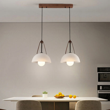 Contemporary Nordic Dome Semicircle Glass Lampshade Walnut Copper Leather 1/2/3 - Light Chandelier For Dining Room
