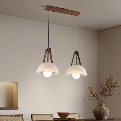 Contemporary Nordic Dome Semicircle Glass Lampshade Walnut Copper Leather 1/2/3 - Light Chandelier For Dining Room