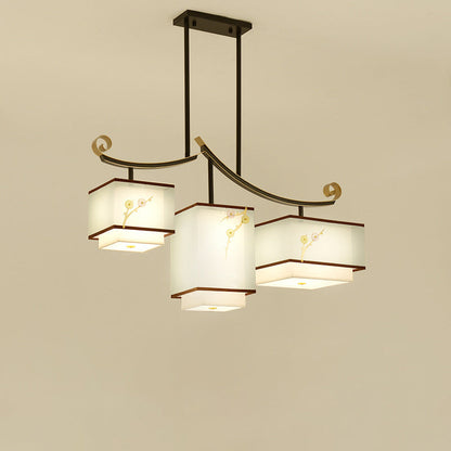 Traditional Chinese Square Cube Pattern Fabric Lampshade Iron 3 - Light Chandelier For Dining Room