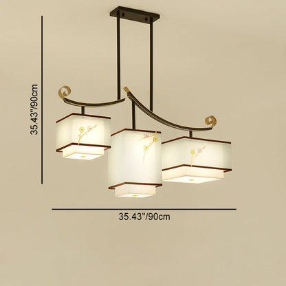 Traditional Chinese Square Cube Pattern Fabric Lampshade Iron 3 - Light Chandelier For Dining Room