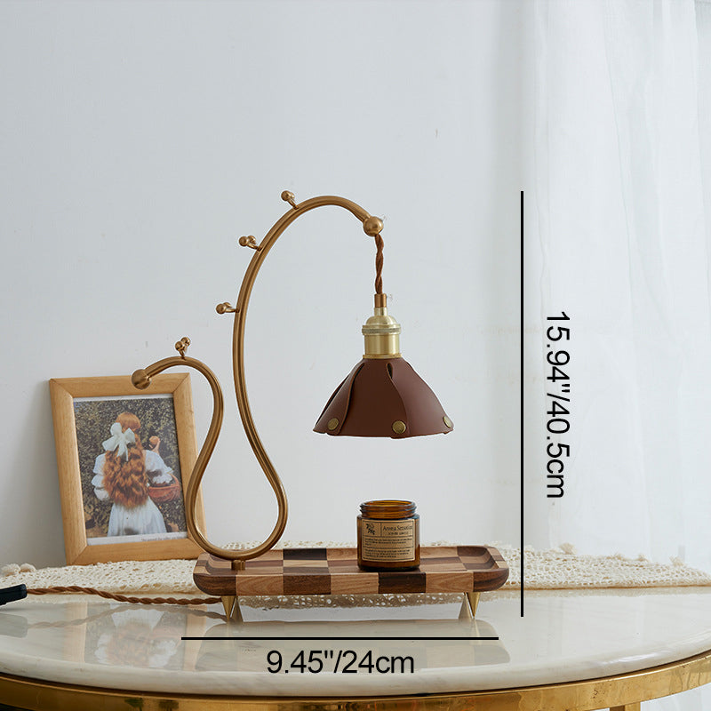 Contemporary Creative Round Rectangle Walnut Base Cone Leather Lampshade Copper 1 - Light Melting Wax Table Lamp For Bedroom