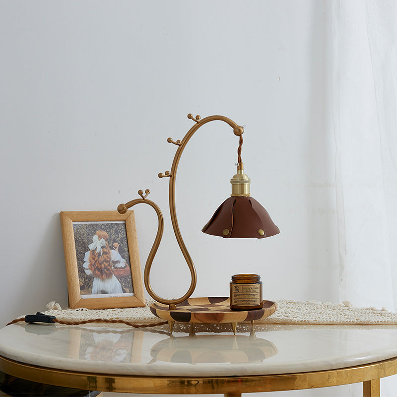 Contemporary Creative Round Rectangle Walnut Base Cone Leather Lampshade Copper 1 - Light Melting Wax Table Lamp For Bedroom