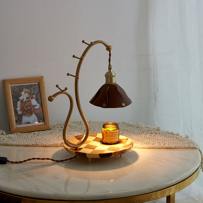 Contemporary Creative Round Rectangle Walnut Base Cone Leather Lampshade Copper 1 - Light Melting Wax Table Lamp For Bedroom