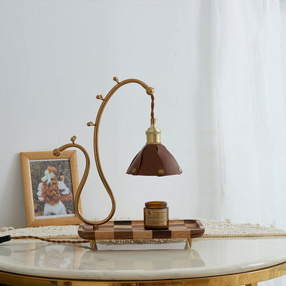 Contemporary Creative Round Rectangle Walnut Base Cone Leather Lampshade Copper 1 - Light Melting Wax Table Lamp For Bedroom