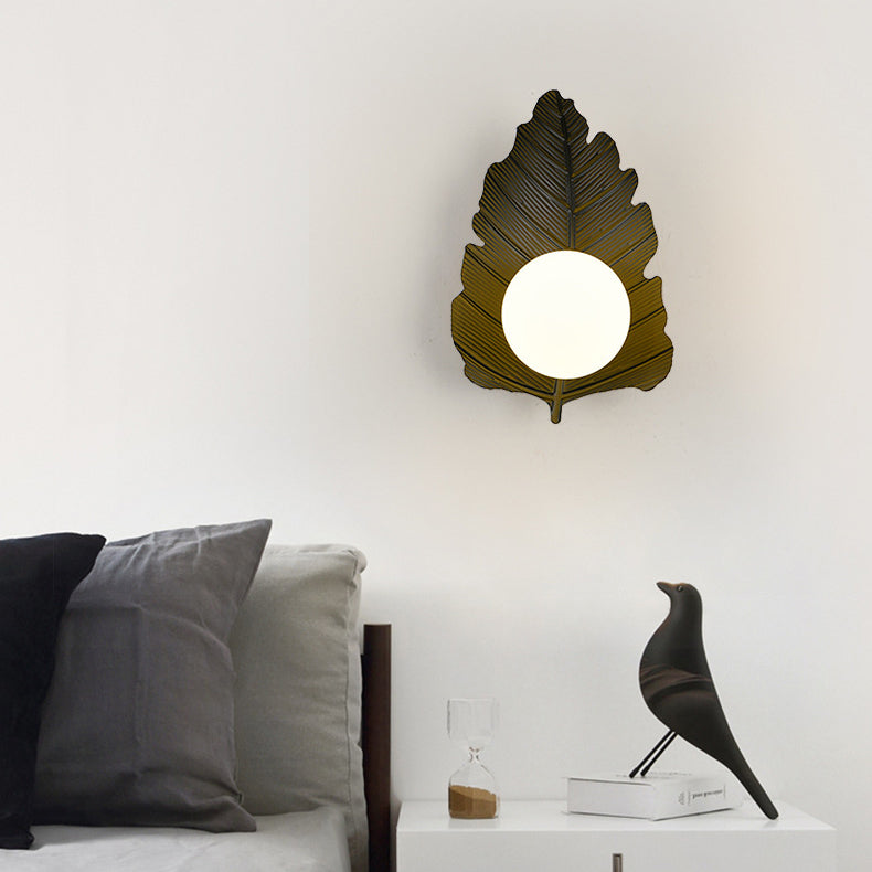 Contemporary Creative Iron Leaf Glass Orb Lampshade 1 - Light Wall Sconce Lamp For Living Room