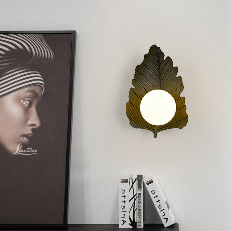 Contemporary Creative Iron Leaf Glass Orb Lampshade 1 - Light Wall Sconce Lamp For Living Room